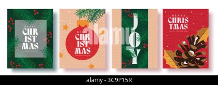 Christmas Poster Set with Ornaments, Pine Branches, Joy Lettering, and Holiday Greetings Stock Vector