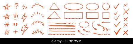 Pen red emphasis set. Hand drawn crayon check marks, speech bubbles, punctuation symbols and comic lightning signs for teacher highlights. Hand drawn red emphasis marker shapes. Vector illustration Stock Vector