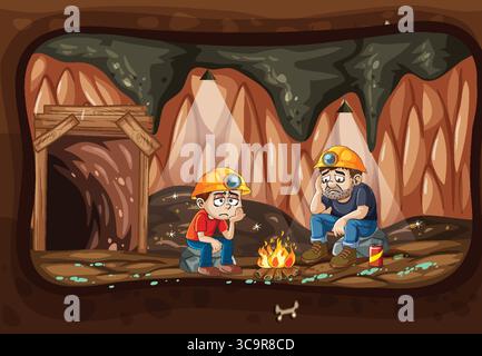 Cartoon-style vector illustration of two miners wearing helmets, sitting by a campfire in a dimly lit underground cave with rocky walls Stock Vector