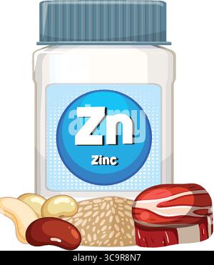 Vector illustration of a zinc supplement container surrounded by assorted nuts, seeds, and a piece of red meat in a clean, flat style Stock Vector