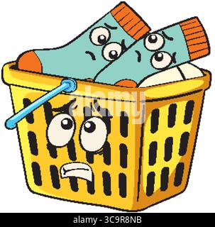 Vector illustration of a cartoon laundry basket with expressive socks. Bright colors and playful style enhance the whimsical theme Stock Vector