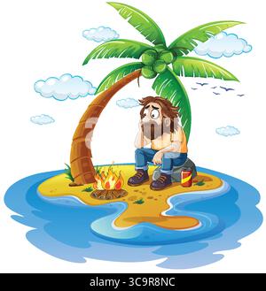 Cartoon bearded man sits under palm tree on tiny island, looking worried beside campfire and canned food, with bright colors and clean vector lines Stock Vector