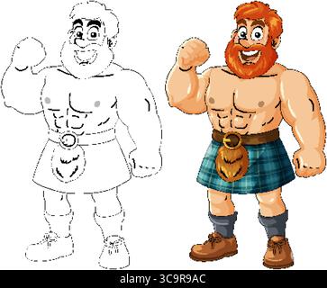 Vector illustration of a muscular, red-bearded Scottish man wearing a tartan kilt, shown in both color and black-and-white outline styles Stock Vector