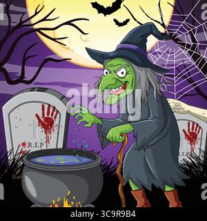 Evil green-skinned witch with pointed hat stirs bubbling cauldron in moonlit graveyard, surrounded by tombstones, bats, and spider webs in vector styl Stock Vector