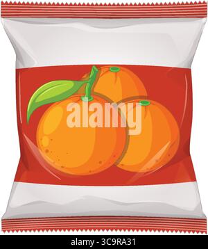 Bright vector illustration of a snack packet with two whole oranges, bold colors, clean lines, and a modern flat design style Stock Vector