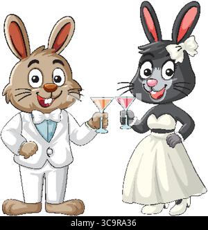 Two anthropomorphic rabbits in tuxedo and dress clink cocktail glasses, illustrated in a colorful, cheerful vector cartoon style with clean lines Stock Vector
