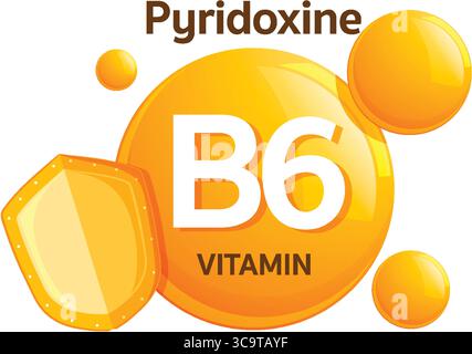 Bright vector illustration of vitamin B6 pyridoxine with bold text, golden spheres, and a shield symbolizing immune support in flat design Stock Vector