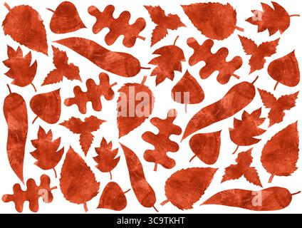 Set of various dry leaves. Drawn with colored pencils. Different textures of cross strokes. Brown colors. Chaotically placed on white background. Leav Stock Photo