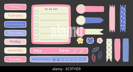 Playful doodle design with cute memo pad, weekday labels and decorative ribbons for bullet journaling. Colorful stickers, bookmarks and paper clips in organization toolkit. Planning essentials set. Stock Vector