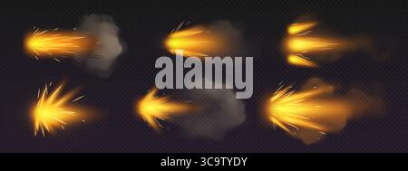 Orange fire effects from gun blast with glowing sparks and smoke trails for action scenes. Muzzle flash explosions shoot sideways with bright projectile streaks. Combat visual elements for games Stock Vector