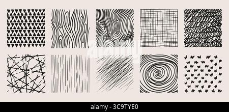 Crosshatch texture patterns set with triangles, wood grain, waves and grids, scribbles, strokes and spirals for artistic designs. Hand drawn backgrounds with various geometric shapes and lines. Stock Vector