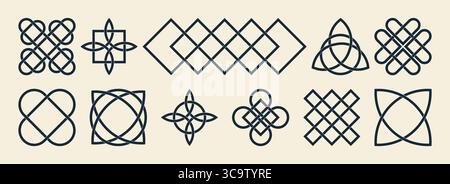 Traditional patterns with celtic designs and irish knot motifs for heritage branding and cultural projects. Interwoven geometric shapes form circles, squares and crosses. Ornamental elements set. Stock Vector