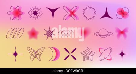 Abstract shapes with gradient effects and y2k element designs for digital graphics - blurred stars, rings, checkerboard patterns and planetary forms with purple-pink colors for modern projects. Stock Vector