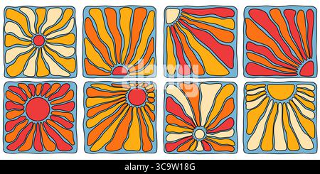 Groovy boho sun designs with retro rays and wavy patterns for hippie style art. Colorful tiles with orange, yellow and red psychedelic sunbursts. Vintage 70s aesthetic for posters or prints. Stock Vector