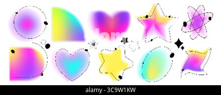 Y2k gradient shapes with hearts, stars and abstract elements. Retro futuristic rainbow design collection with sparkles and atomic model structure for nostalgic digital aesthetic or trendy graphics. Stock Vector