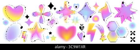 Y2k gradient shapes with hearts, stars and abstract elements. Retro futuristic design collection of sparkles, hexagons and lightning bolts for nostalgic digital aesthetic or trendy graphics. Stock Vector