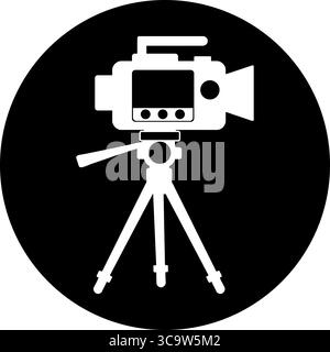 Modern digital video camera on tripod icon. Negative space symbol in a circle for filmmaking, vlogging, and content creation. Stock Vector
