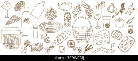 Hand Drawn Mediterranean Food and Drink Sketch Illustration Set Stock Vector