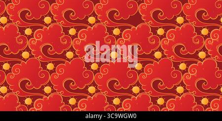 Golden Sun and Red Clouds Seamless Pattern in Asian Style. Traditional Japanese and Chinese cloud motifs with swirling lines and glowing suns. Elegant Stock Vector