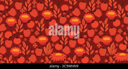 Seamless Pattern with Red Flowers, Berries and Ladybugs. Doodle hand-drawn nature design in warm autumn tones. Whimsical repeatable background perfect Stock Vector