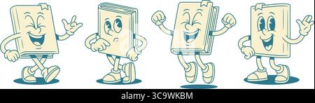 Cute positive childish book cartoon character smiley set vector illustration. Comic funny minimalist textbook literature library mascot rock gesture o Stock Vector