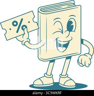 Comic childish book cartoon character shopping sale vector illustration. Cute smiling minimalist textbook literature library reading mascot percentage Stock Vector