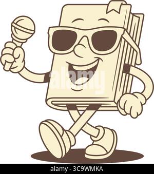 Fashion childish book cartoon character sing song with mic vector illustration. Comic minimalist textbook literature library mascot in summer eyeglass Stock Vector