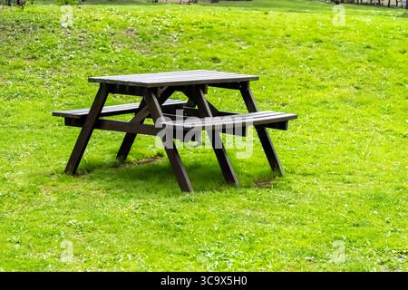 Wooden picnic table on green grass in a sunny public park Stock Photo