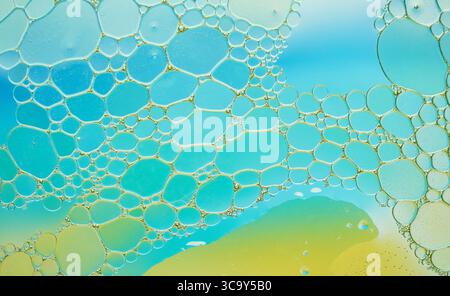 Bright abstract oil bubbles in blue and yellow liquid background. Vibrant macro shot of oil bubbles on colorful blue and yellow liquid surface, formin Stock Photo