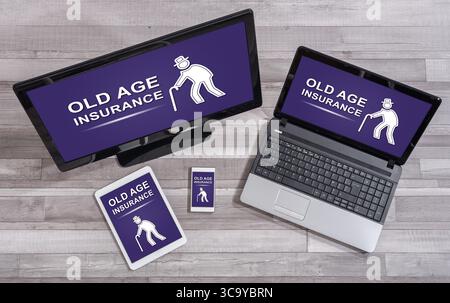 Old age insurance concept shown on different information technology devices Stock Photo