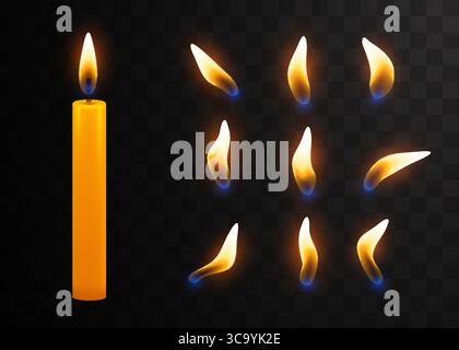Vector 3d realistic orange paraffin or wax burning candle and different flame of a candle set closeup isolated on transparency grid background. Design template. Vector illustration Stock Vector