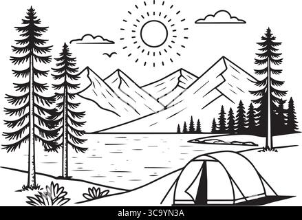 Explore the Great Outdoors: Camping by the Lake with Mountain Views Stock Vector