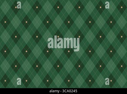 Christmas rhombus seamless pattern. Xmas plaid texture with gold line and stars. Green argyle geometric diamond abstract pattern. Christmas wrapping Stock Vector