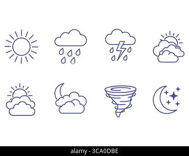 This clean illustration features a collection of weather-themed icons, including the sun, clouds, rain, lightning, and a tornado. Stock Vector