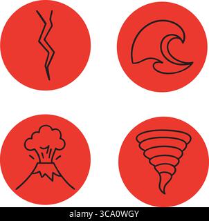 A set of four red-circle icons illustrating a jagged fault line, swirling ocean wave, erupting volcano, and descending tornado funnel. Stock Vector