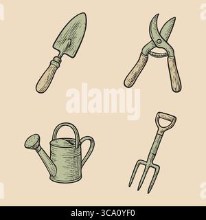 Four hand-drawn garden tool icons including a trowel, pruning shears, watering can, and hand garden fork. Stock Vector