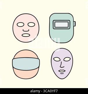Four colored mask icons including a skincare sheet mask, welding helmet, eye blindfold, and stylized theater mask. Stock Vector