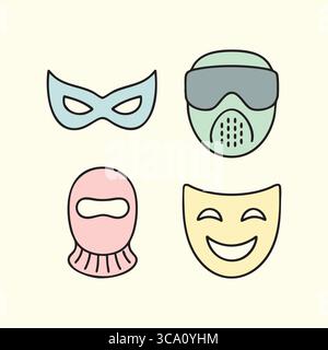 A set of four masks: elegant masquerade mask, paintball face shield, balaclava hood, and comedy/tragedy theater mask. Stock Vector