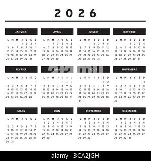 2026 Calendar with Boxes in Black and White Colors 4 Columns - French Stock Vector