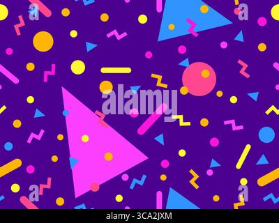 Geometric seamless pattern with memphis elements in 80s style. Colorful pattern with different geometric shapes. Design for packaging, covers, wrappin Stock Vector