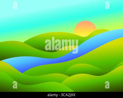 Gradient green meadows and a river at dawn in a minimalist style. Panoramic natural landscape with green hills, a river and the rising sun. Design for Stock Vector
