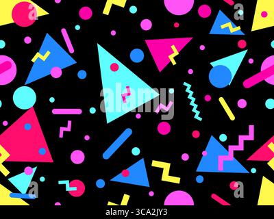 Geometric seamless pattern with memphis elements in 80s style. Colorful pattern with different geometric shapes. Design for packaging, covers, wrappin Stock Vector