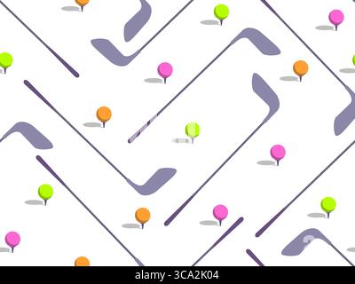 Seamless pattern with golf clubs and colored balls on a white background. Golf club and golf ball in minimalist style. Design of typography, banner an Stock Vector