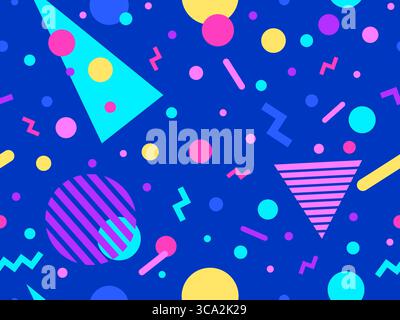 Geometric seamless pattern with memphis elements in 80s style. Colorful pattern with different geometric shapes. Design for packaging, covers, wrappin Stock Vector