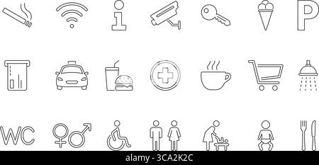 Public Facility And Service Icons Collection. Essential Amenities And Services Outline Symbol Set. Smoking Area, Wi-Fi, Information and Parking Icon Stock Vector