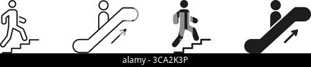 Person Walking Up Stairs And Escalator Icon Set. Movement And Transportation Symbol Collection. Mobility, Accessibility and Directional Guidance Stock Vector