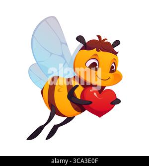 Cartoon honey bee character holding heart. Cute cheerful flying vector apiary mascot with smiling face and blue wings. Happy bumblebee with gift. Personage for beekeeping, love, care and sweet insect Stock Vector