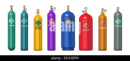 Realistic gas cylinders, tanks and bottles. Vector 3d storage containers with oxygen, nitrogen, propane and helium, hydrogen, acetylene, argon and carbon. Compressed gas cylinders with pressure valves Stock Vector