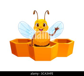 Cartoon honey bee character peaking from hexagonal honeycomb cell. Vector cute apiary insect personage. Funny beekeeping mascot with smiling face, waving hand, surrounded by yellow honey cells Stock Vector