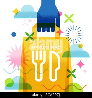 Human hand holding lunch paper bag. Eco-friendly concept for food delivery service, shopping, packaging. Vector flat geometric illustration of take aw Stock Vector
